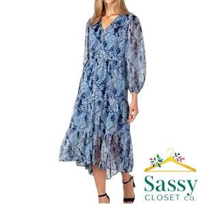 Joie Blue Paisley High Low Maxi Dress L NWT Long Sleeve Smocked Chiffon